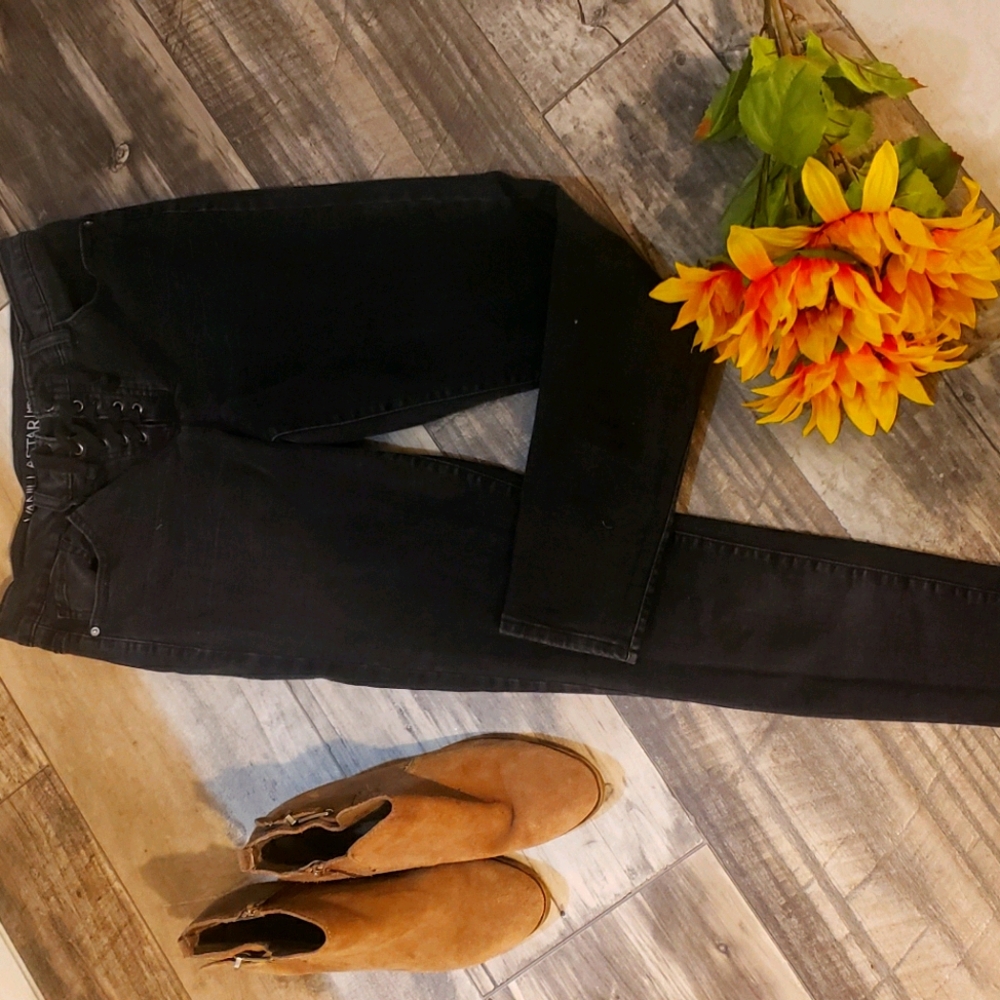 Lace up front distressed black jeans